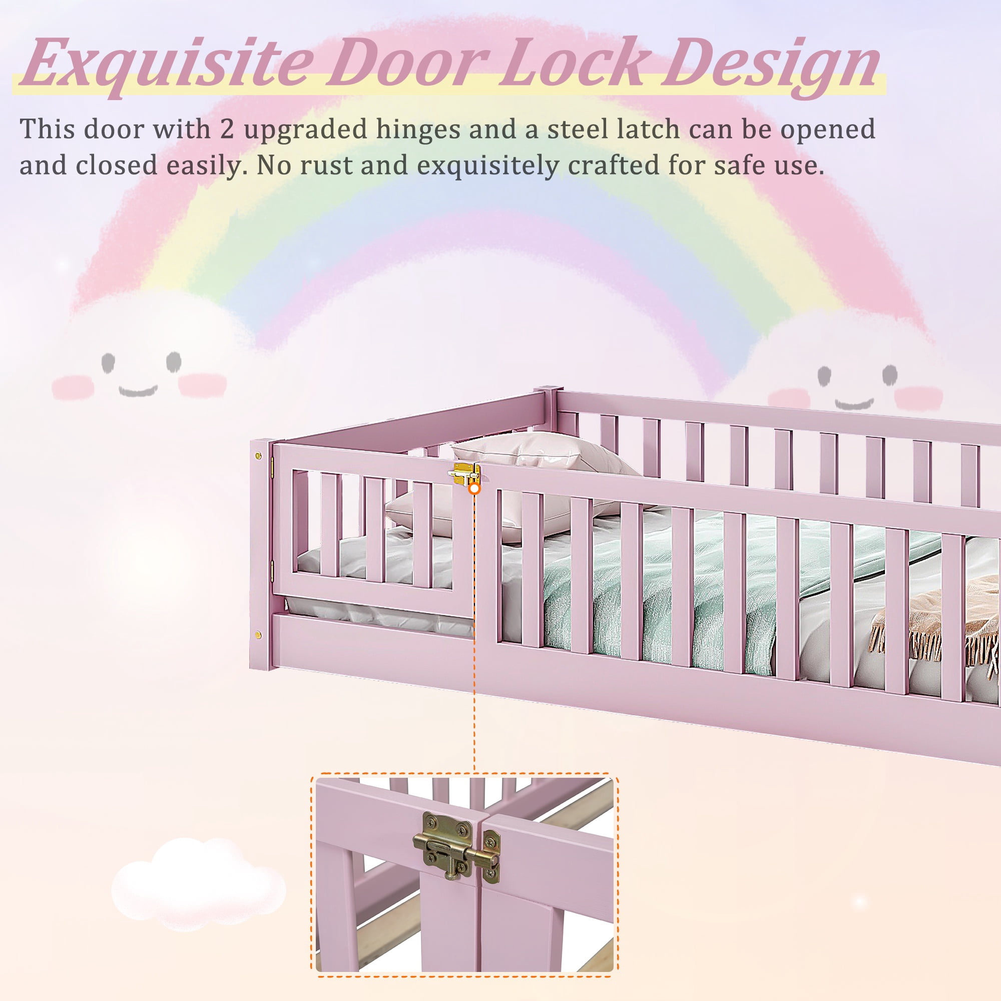 Twin Size Kids Toddler Floor Bed with Door and Fence, UHOMEPRO Montessori Floor Bed with Slats and Safety Guardrails, Solid Wood Twin Bed Frame for Bedroom, Pink