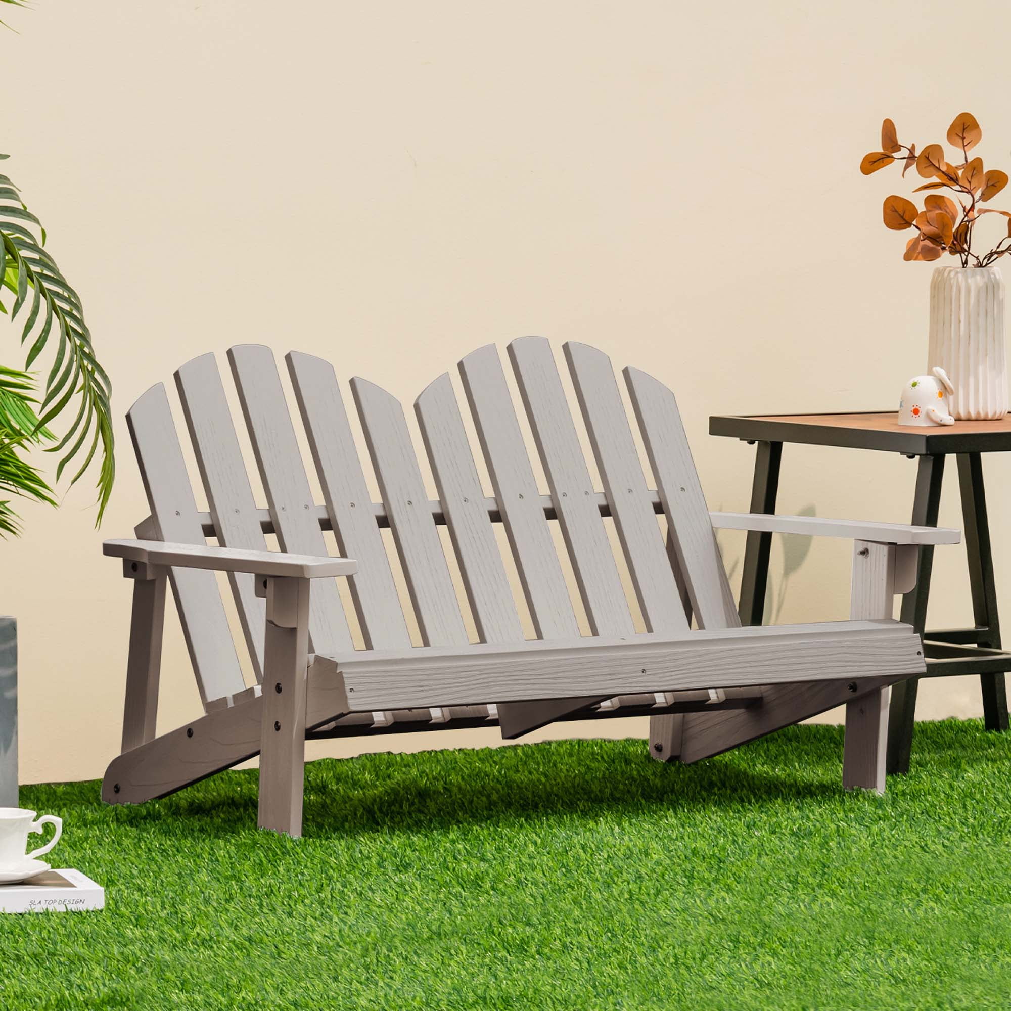 Costway 2 Person Adirondack Chair Kid Solid Wood Loveseat Backrest Arm Rest Patio Gray