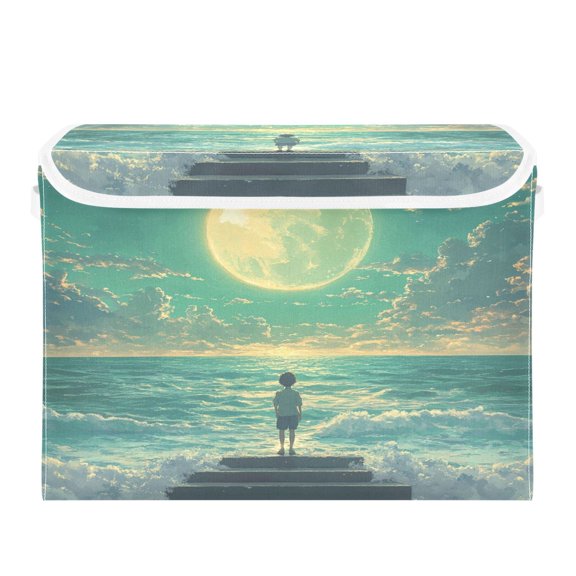 Storage Box With Lid 16.5x12.6x11.8In Foldable Stacked Household Storage Box Boy Moon Sea