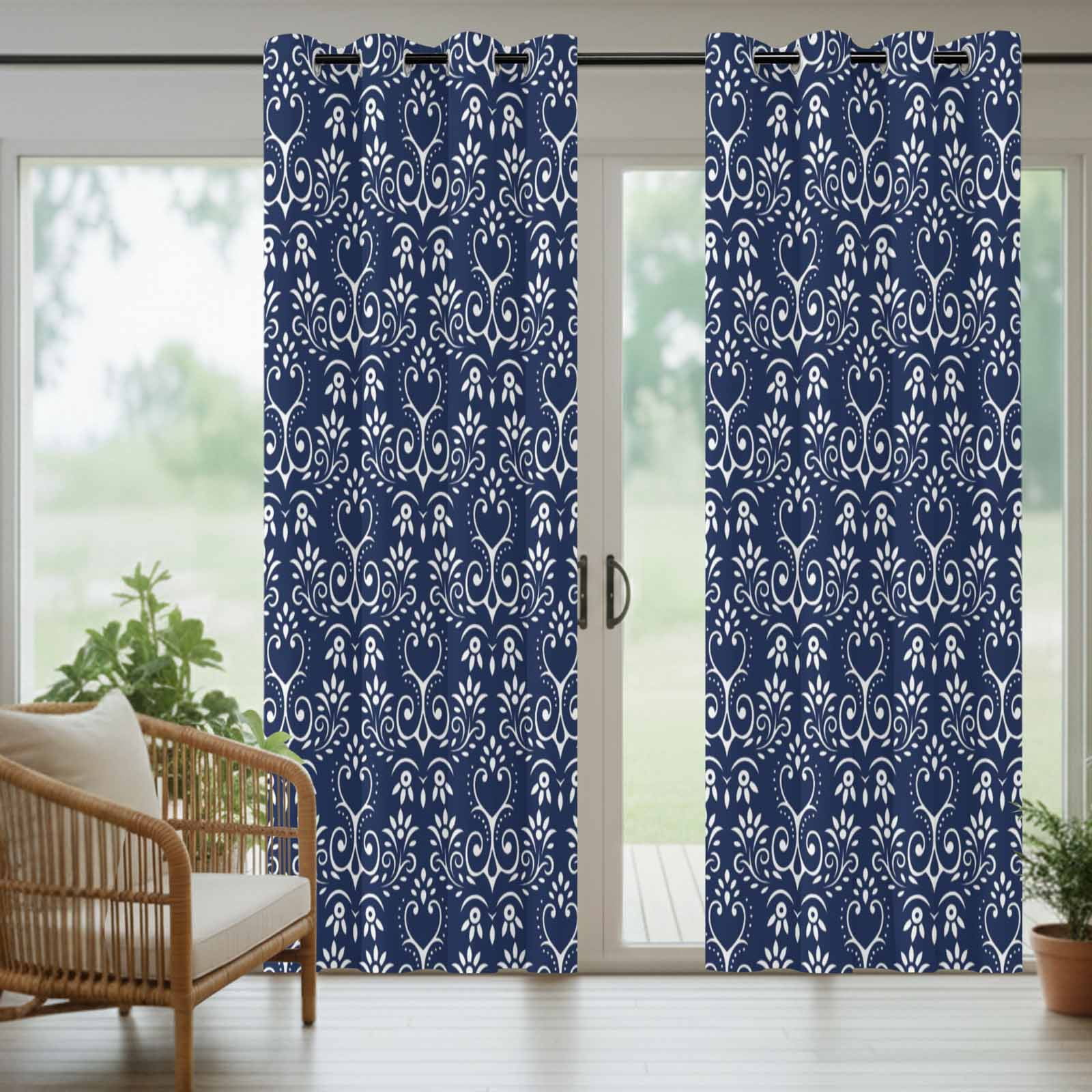 Outdoor Curtains for Patio Waterproof, Navy Blue Spring Floral Windproof Pravicy Outside Porch Blackout Curtain, Modern Abstract Art Farmhouse Sun Blocking Grommets Curtains for Cabana 54"x108"