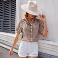 thumbnail image 2 of dgysar Womens Shirts Plaid Checked Pattern Button Down Short Sleeve Loose Fit Blouse Tops Summer Lightweight Breathable Cotton Blend Technical Apparel Brown L, 2 of 6