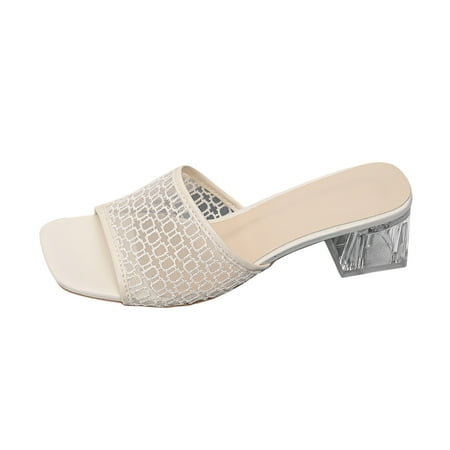 OJSFQUFP Womens Flip Flops Women s Summer Fashion Square Head Lace Sandals Breathable Casual Slippers Soft Sole Outdoor Beach Shoes Cozy Slippers White 40