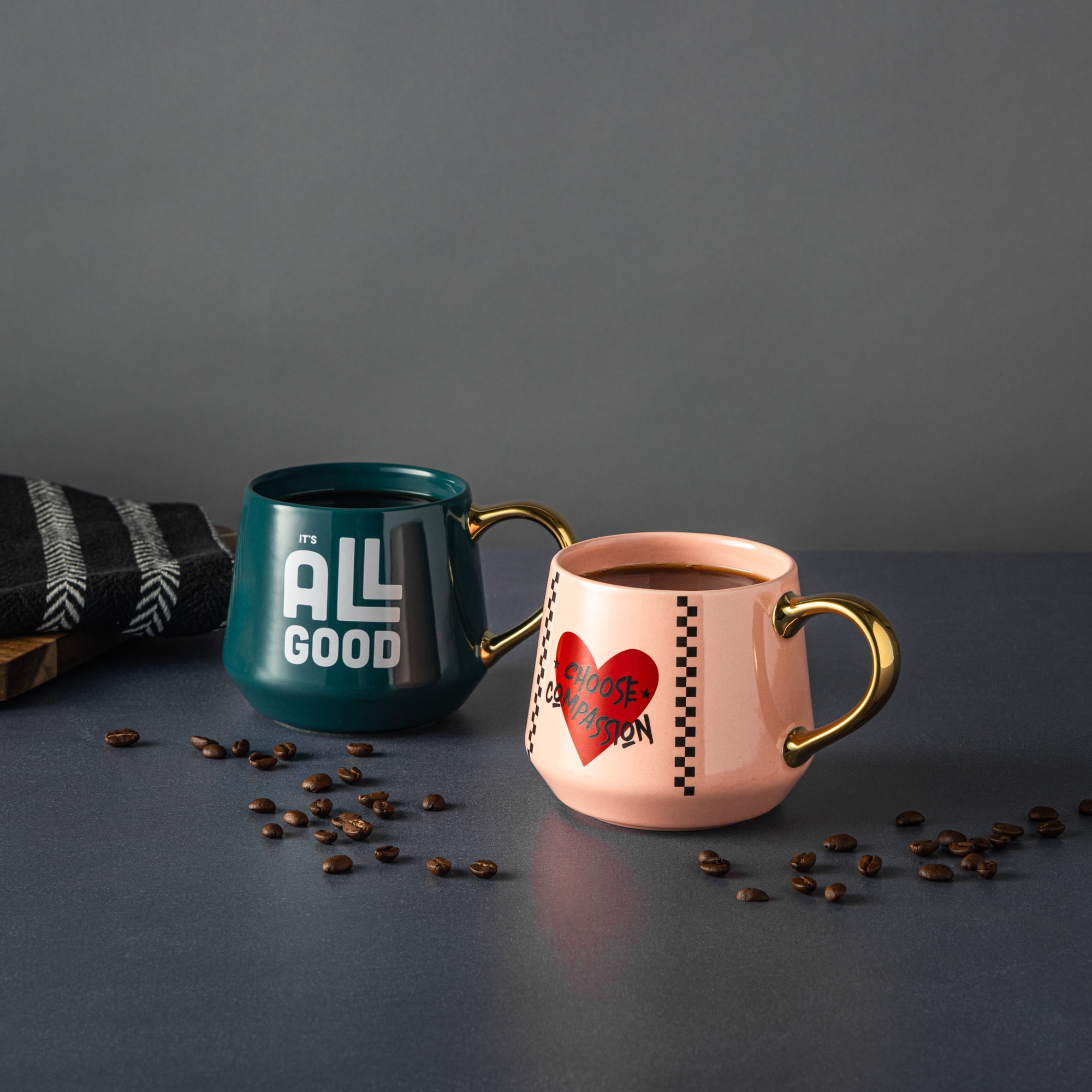 (4 pack) Thyme & Table 2 Pack It's All Good and Choose Compassion Pink with Gold Handles Mugs 16.2 fl oz, Stoneware