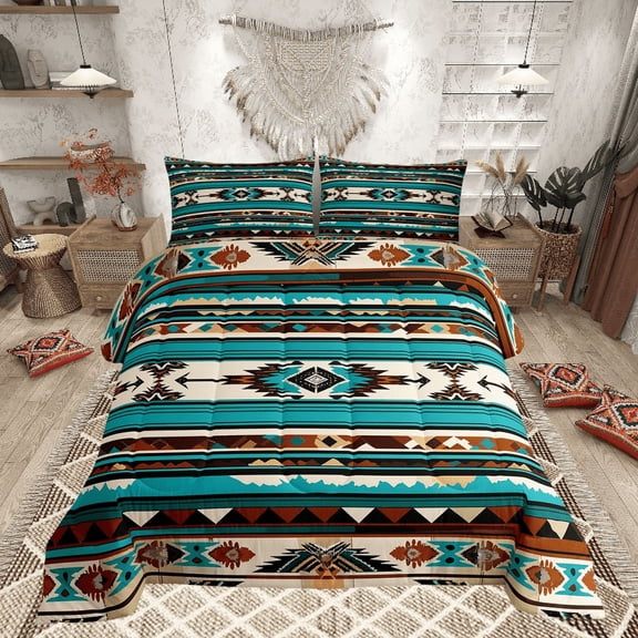 Western Comforter Set Geometric Aztec Queen Bedding Sets,Southwestern Quilt Bed Set Vintage Exotic Stripes Duvet Insert,Geometry Triangle Western Decor for Home