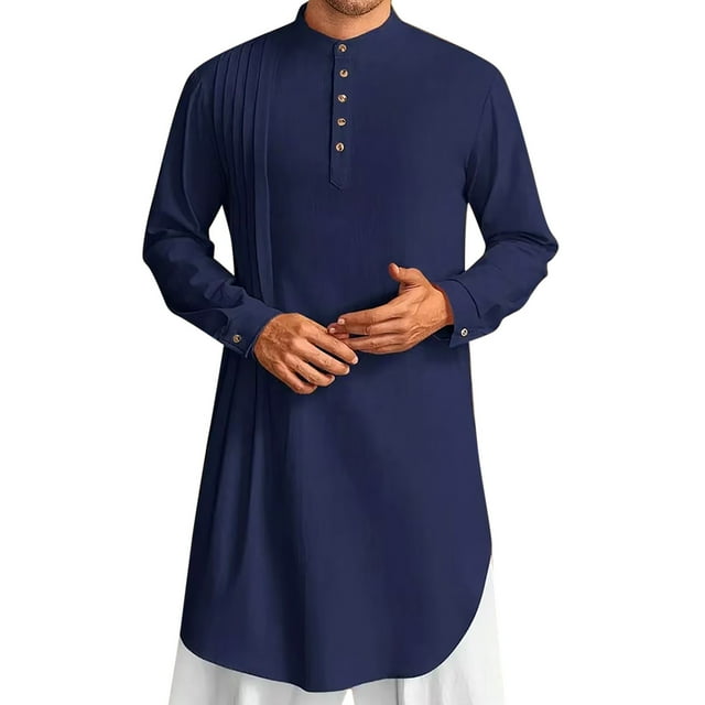 Wdgfv Caftan pour Homme Thobe Coton Lin Henley Chemise à Manches Longues Robe Décontractée Musulmane Robe Kurta