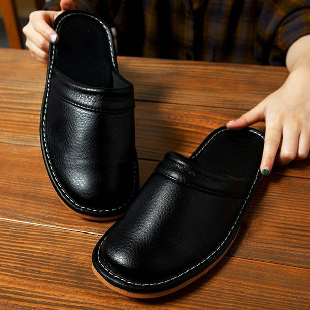 QWZNDZGR Plain Black Leather Slippers For Men Home Slides Mules Shoes ...