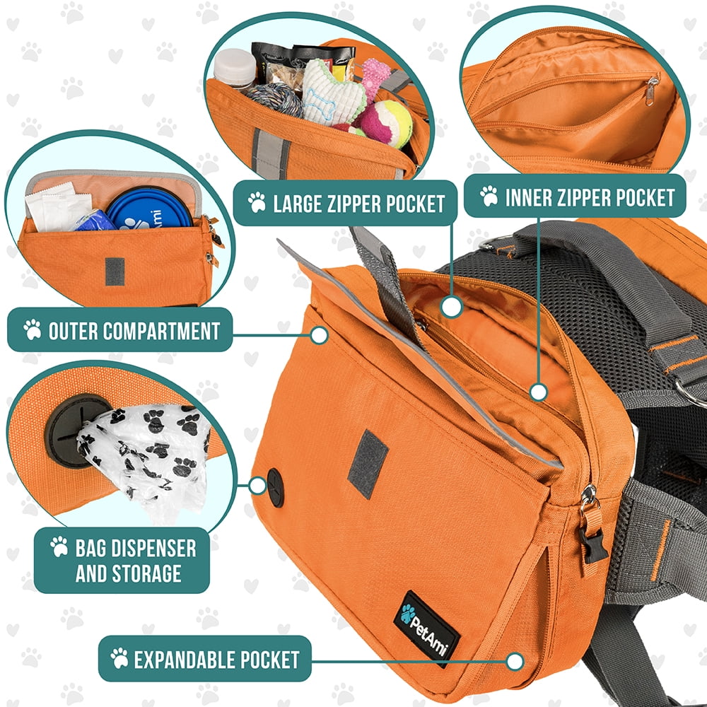PetAmi Dog Backpack for Medium Large Dogs, Dog Saddle Bag For Dogs to Wear, Harness Saddlebag with Reflective Safety Side Pockets for Hiking, Camping, Vest Dog Pack for Travel (Orange, Large)