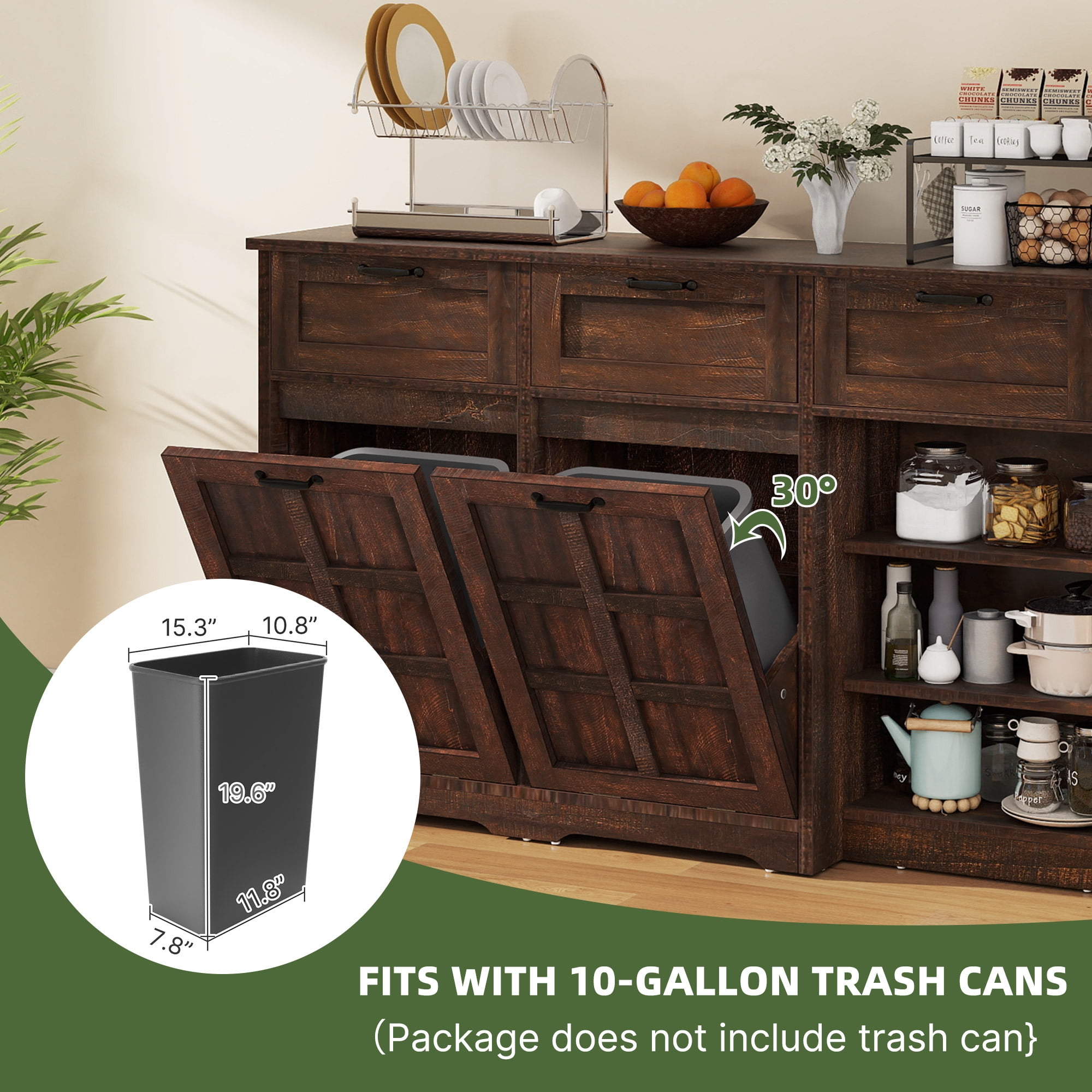 Uforic Tilt Out Trash Storage Cabinet with Drawers & Doors, Kitchen Sideboard Cabinet for Double 10-gal Trash Bins Storage, Brown