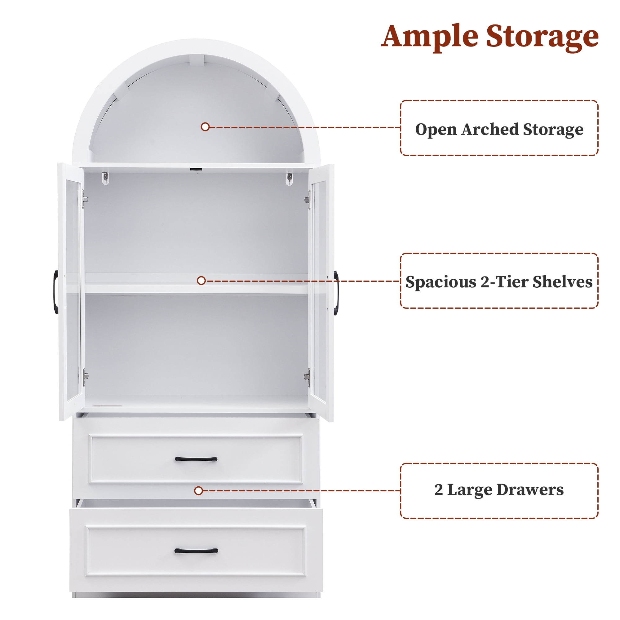 Arched Top Storage Cabinet with Tempered Glass Doors, Fixed 2-Tier Shelves, 2 Large Drawers, Soft Close Hinges & Exquisite Metal Handles, White