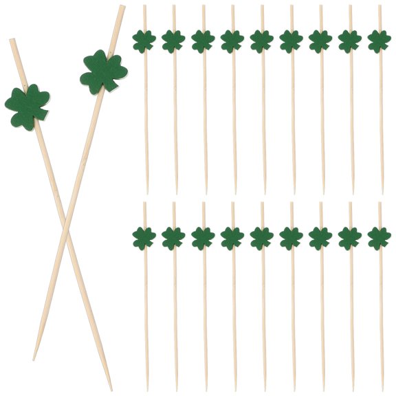 MUSEYA 100pcs Green Shamrock Cocktail Picks Long Bamboo Toothpicks For Appetizers Drinks Fruits Bamboo Cocktail Sticks Holiday Birthday Party Decorations Patrick'S Day Party Food Garnish Skewer Sticks