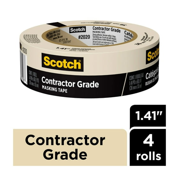 Scotch Contractor Grade Masking Tape, 1.41 in x 60.1 yd, Tan, 4 Rolls