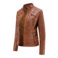 thumbnail image 3 of IROINNID Women's Faux Leather Jacket Stand Collar Solid Color Long Sleeve Leisure Slim Stand Zip Motorcycle Suit Belt Coat Jacket Tops, Gold, 3 of 5