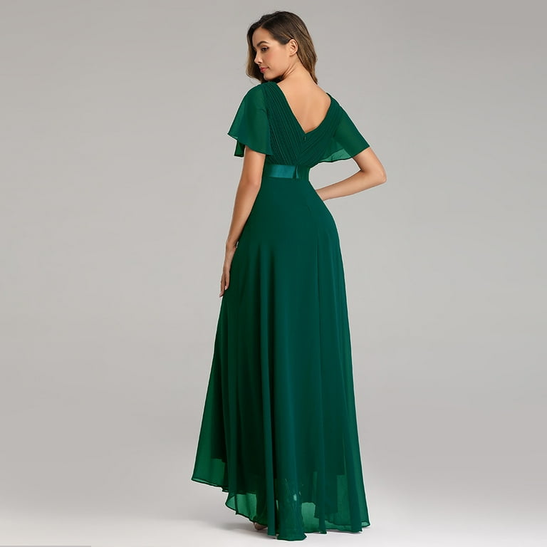 Women's Classic Chiffon Short Sleeve Pleated V-Neck Floor Length Bridesmaid  Dresses