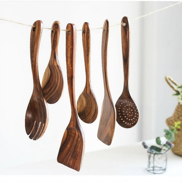 Cuchara de madera de teca, espátula de madera maciza, espátula de madera para saltear, espátula para cocinar, juego de cucharas, cuchara de madera, vajilla