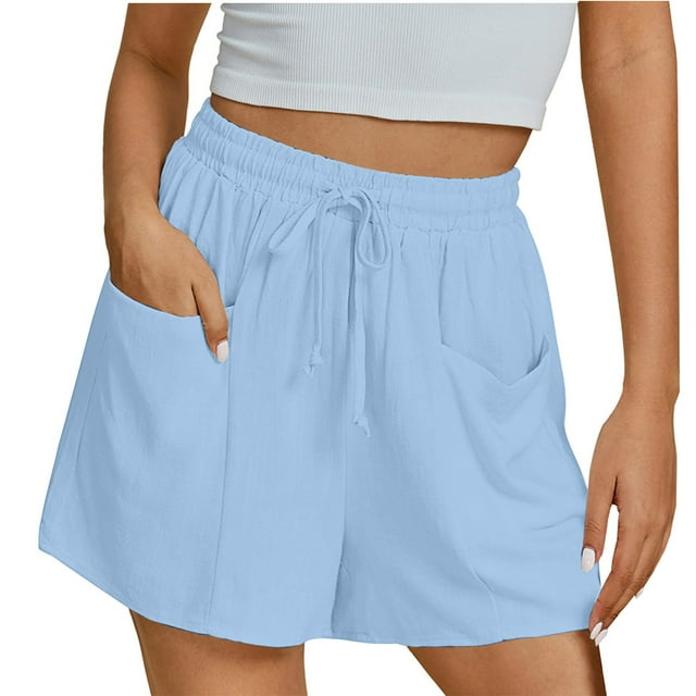 Plebaso Womens Casual Summer Shorts Elastic Waist Drawstring Wide Leg Beach Vacation Shorts with Pockets