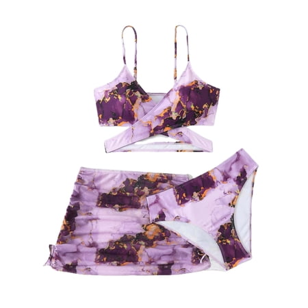 NAFUU Little Girls Summer Swimwear 3 Piece Tie Dye Print Bkini Set Fashion Rash Guard Swim Wear For Teen Youth Big Kids Summer Beach Pool Plus Size Swimsuit For Girls Sizes 16-17 Years
