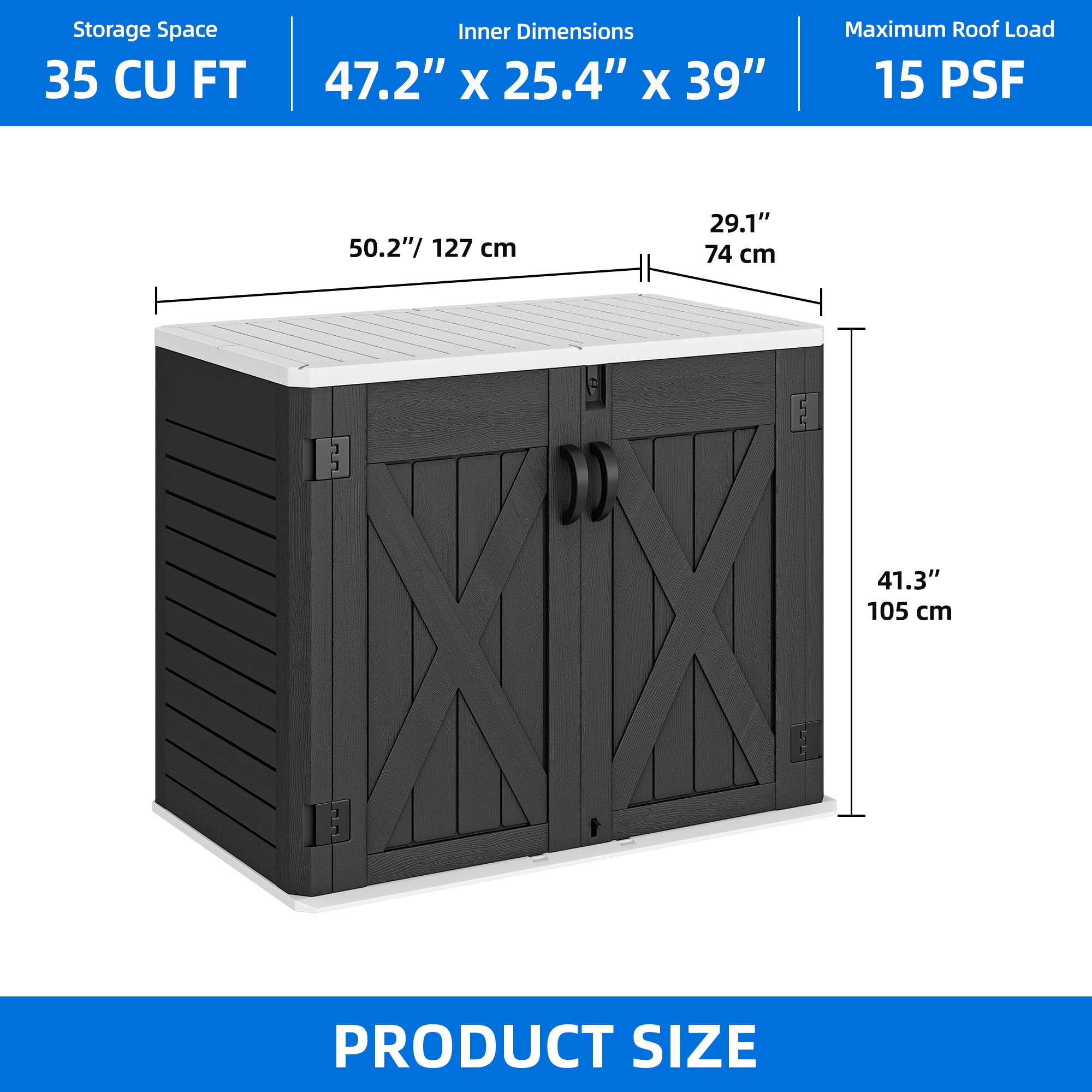 Dextrus 35 Cu ft Outdoor Horizontal Storage Shed with x-Shaped Lockable Door, Weather Resistant Resin Tool Shed