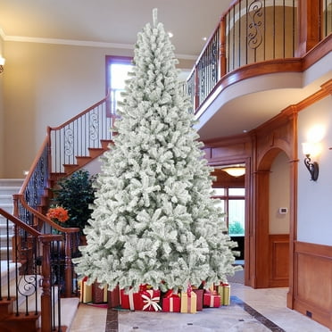 iFanze 9ft Snow Flocked Christmas Tree with 2028 Tips, Artificial Snowy Xmas Pine Tree with Reinforced Metal Base for Home Office Party Holiday Decorations ,White(NO light)