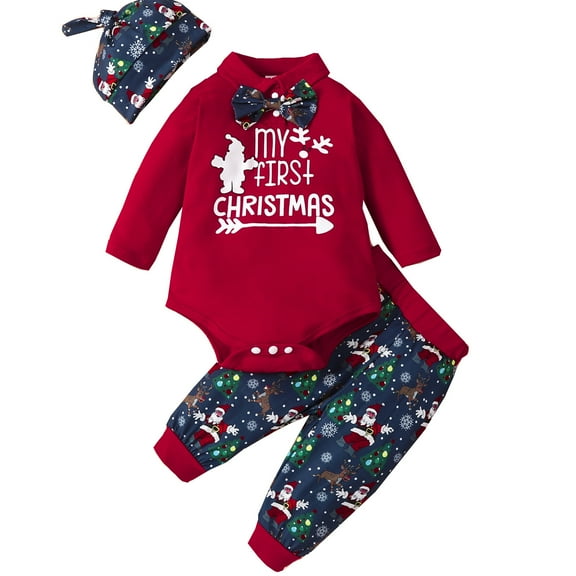 Mercatoo Christmas Baby Boy Winter Outfit Boys Long Sleeve Bow Tie Romper and Santa Prints Pants   Hat 2Pcs Clothes Set