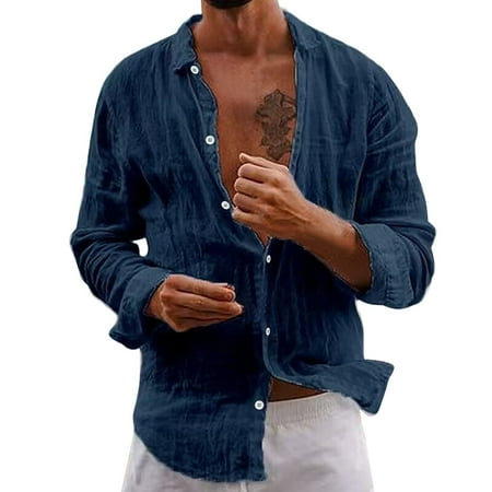 Mens T-shirts Mens Slim Casual Button Up Shirt Long Sleeve Beach Shirt T Men Long Sleeve Scrub Undershirt Active Tops Short Athletic Men T Set Yoga 7 Fit Navy XL