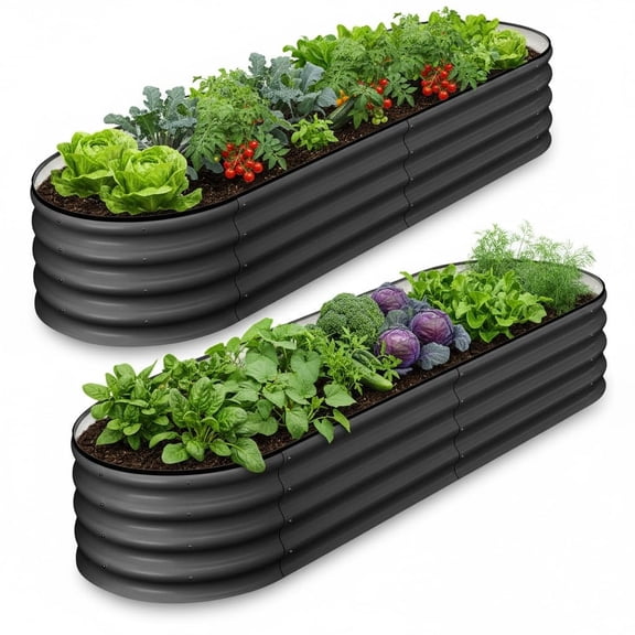 2 Pack 4.5x2x1.5Ft Oval Garden Beds, Galvanized Metal Raised Planters, Open Base for Vegetables, Herbs and Flowers, Dark Grey | Outdoor Planter Bed