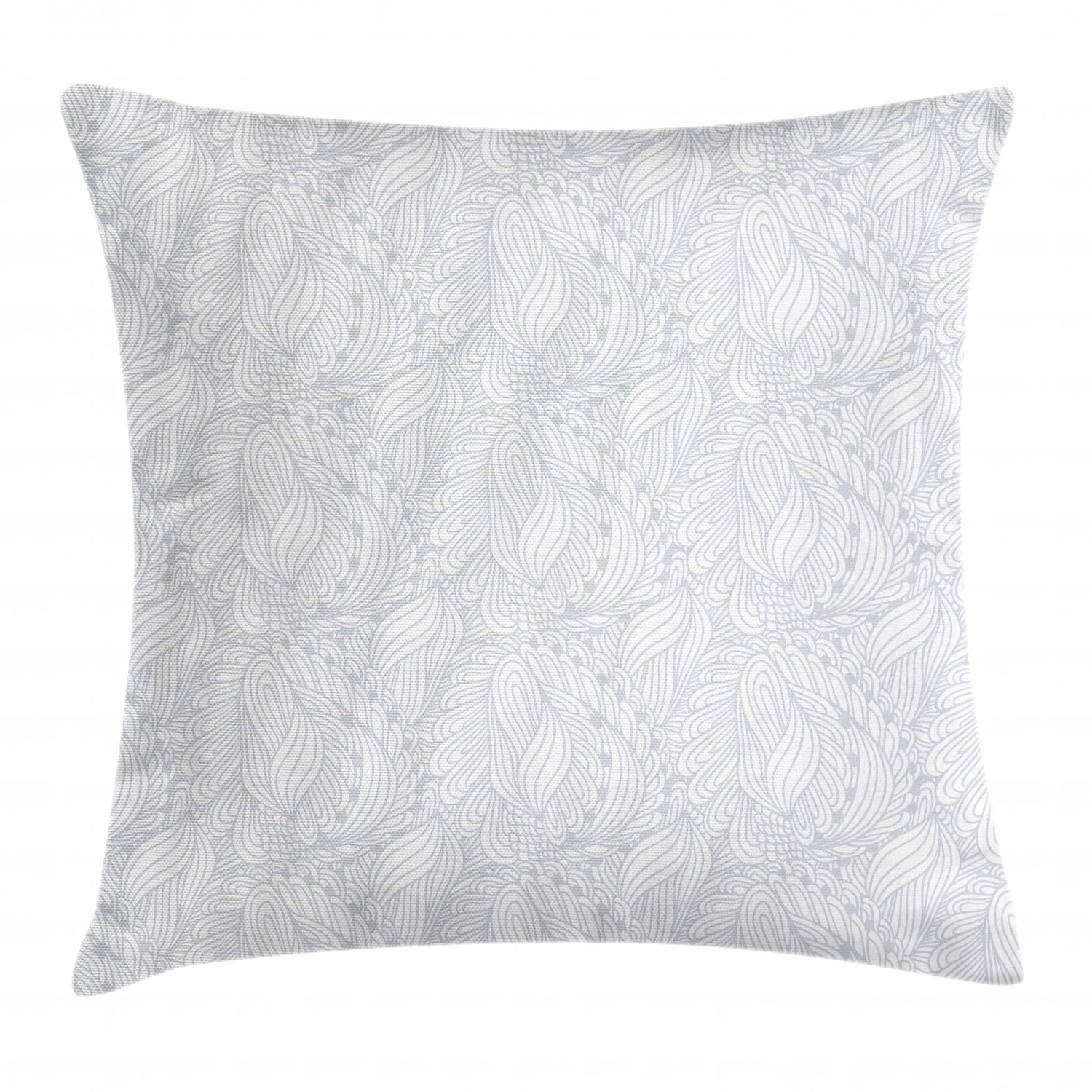 Grey and White Throw Pillow Cushion Cover, Artistic Doodle Style Botanical Leaves Pattern Shabby