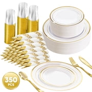 Daluvenix 350 Gold Plastic Dinnerware Set for 50 Guests, Gold Plastic Plates for Party, 50 Disposable Plates, 50 Dessert Plates, 50 Napkins with Silverware, 50 Cups
