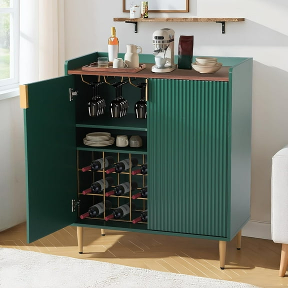 Wine Bar Cabinet Sideboard Buffet Cabinet with Wine Rack & Coffee Bar Station - Adjustable Shelves, Glass Holder and Storage Drawers for Kitchen, Dining Room, Living Room Green
