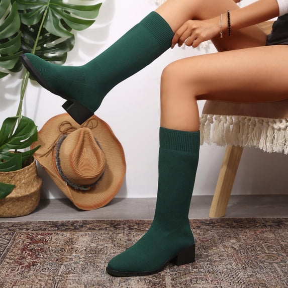 Eltusu Women Boots Low Heel, Mid Calf Round Toe Mesh Non-Slip Winter Shoes Army Green Size 9.5