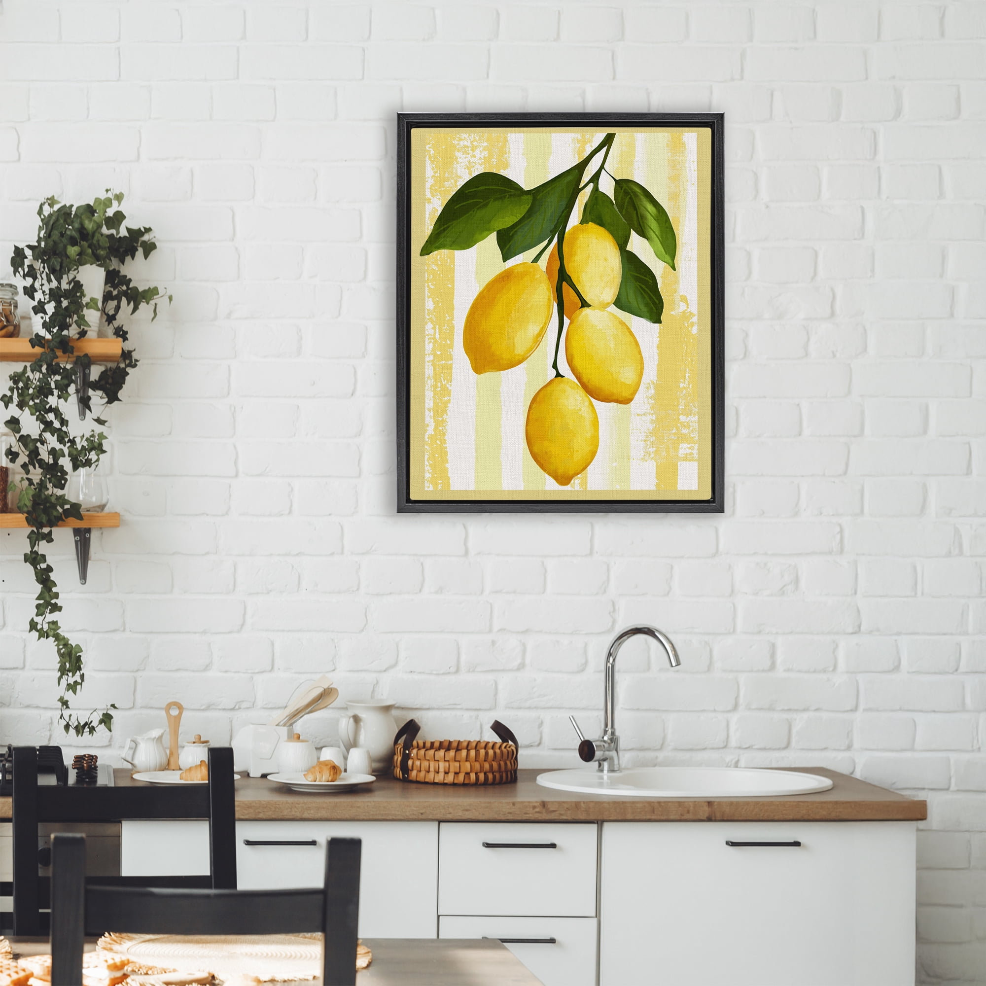 Stupell Industries Lemons on Green Branch Black Framed Floater Canvas Wall Art, design by Yen