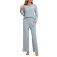 thumbnail image 2 of INSPIRAR CHIC Conjunto de Pijamas de Mujer de Punto Acanalado con Cuello en V y Manga Larga con Pantalones Ropa de Dormir Casual Talla XL Azul, 2 of 6