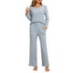 thumbnail image 2 of INSPIRAR CHIC Conjunto de Pijamas de Mujer de Punto Acanalado con Cuello en V y Manga Larga con Pantalones Ropa de Dormir Casual Talla XL Azul, 2 of 6