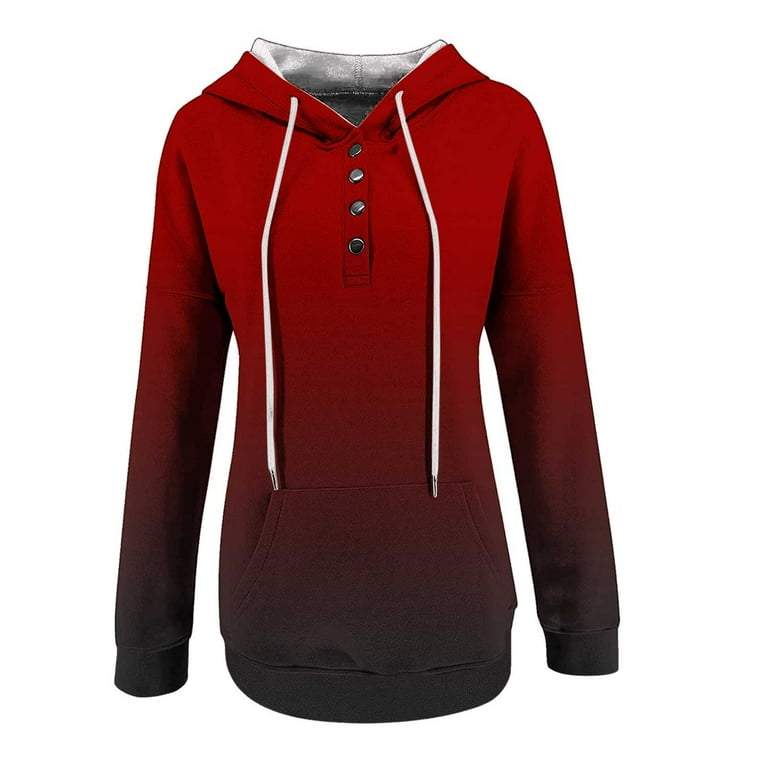 Women s Comfy Pullover Hoodie 1 4 Button V Neck Gradient Solid Casual Hooded Sweatshirt Pocket Long Sleeve Tops X Large Red Walmart