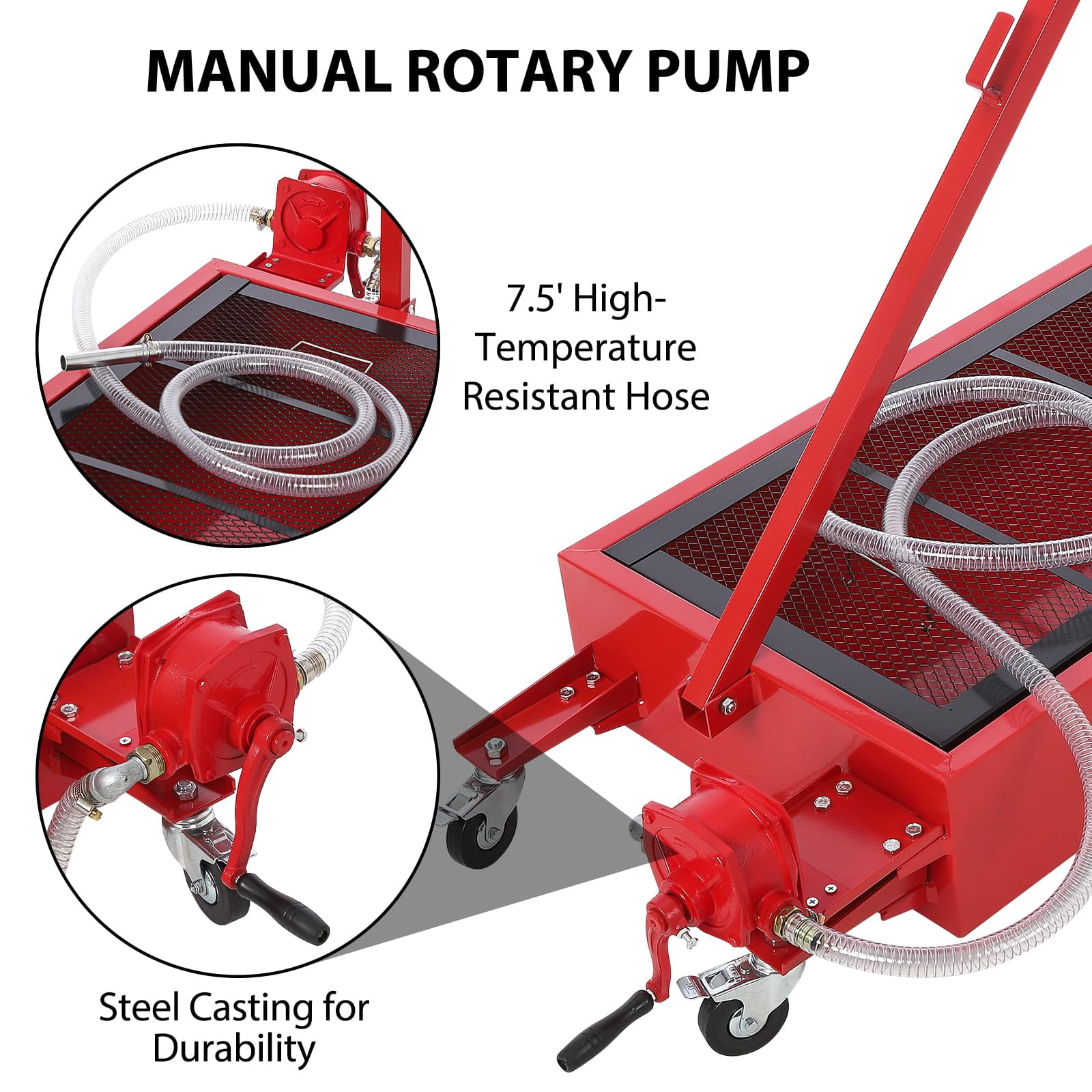 20 gal Oil Drain Pan Oil Drain Tank, 76 L Low Profile Oil Drain Pan, Large Capacity Oil Change Pan with Manual Pump & T Foldable Hand and Wheels, 8 ft Hose Oil Drain Cart for Car, SUV, Trucks