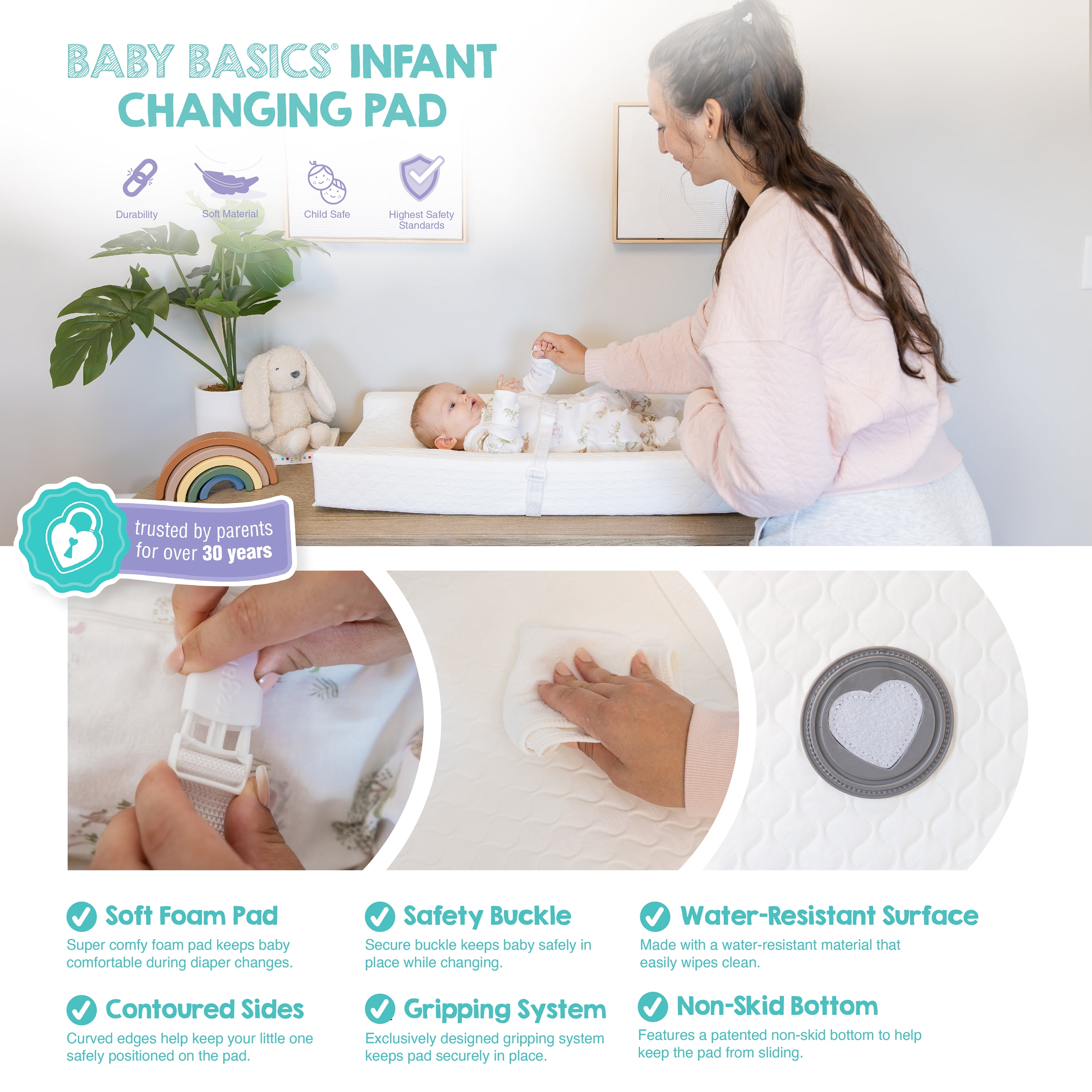 Regalo Baby Basics Infant Foam Changing Pad with Contoured Sides, Water Resistant, Safety Buckle, White