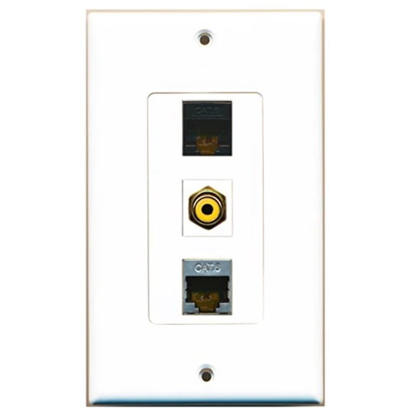 RiteAV - 1 Port RCA Yellow and 1 Port Shielded Cat6 Ethernet and 1 Port Cat6 Ethernet Black Decorative Wall Plate Decorative