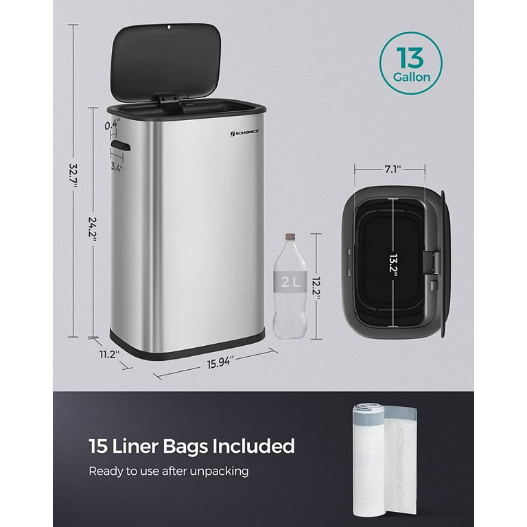 SONGMICS Motion Sensor Trash Can, 13 Gallon Automatic Garbage Can with  Soft-Close Lid and Bag Retainer Ring, Stainless Steel, Touchless Kitchen  Trash