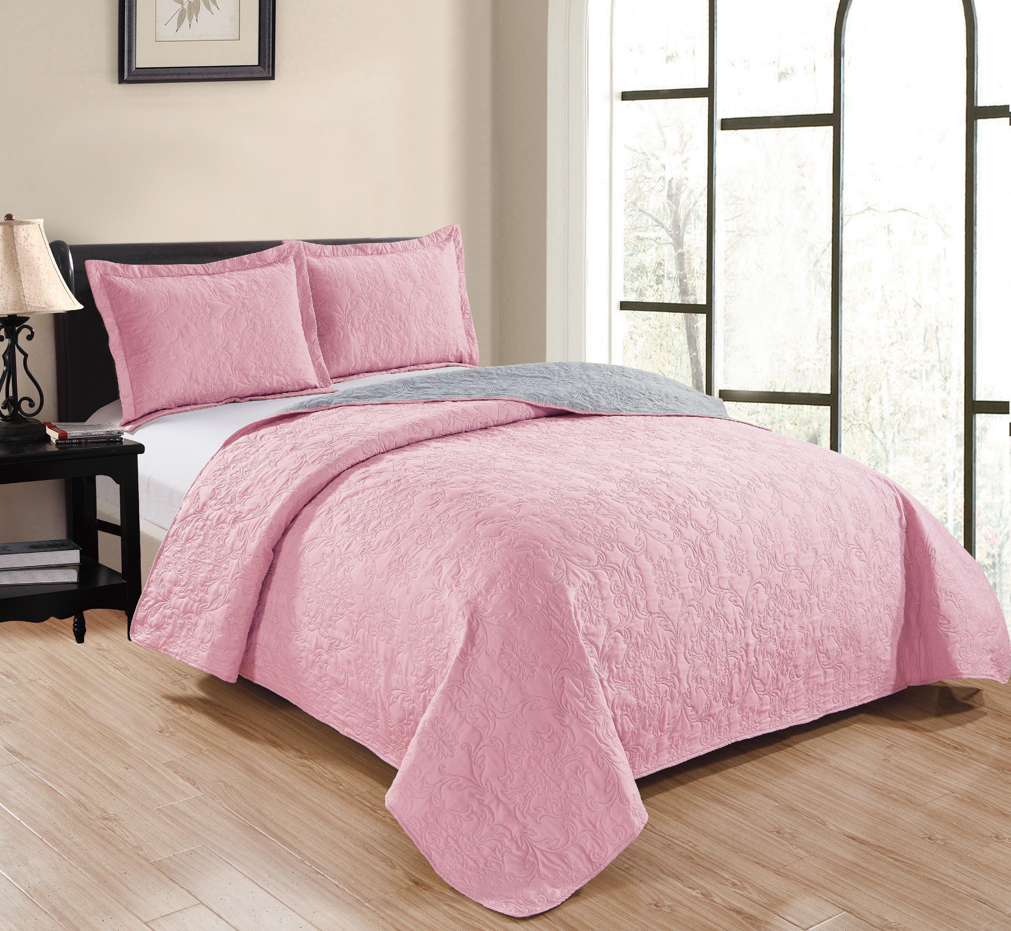Park Avenue 3Piece Reversible Quilt Set in Pink/Light Grey, Queen