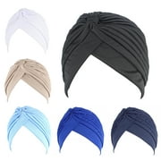 6PCS Turban Hat, Peaoy Solid Color Twisted Pleated Stretchable Chemo Head Cover Headwear Handband Beanie Arabic Head Scarf Bandana Muslim Hijab for Women