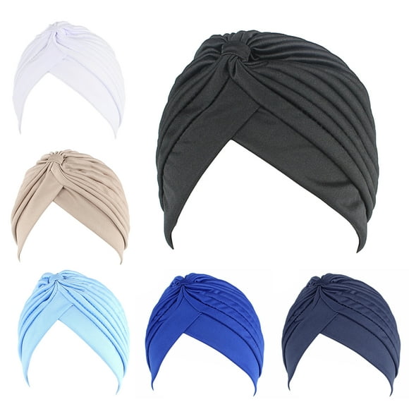 6PCS Turban Hat, Solid Color Twisted Pleated Stretchable Chemo Head Cover Headwear Handband Beanie Arabic Head Scarf Bandana Muslim Hijab for Women