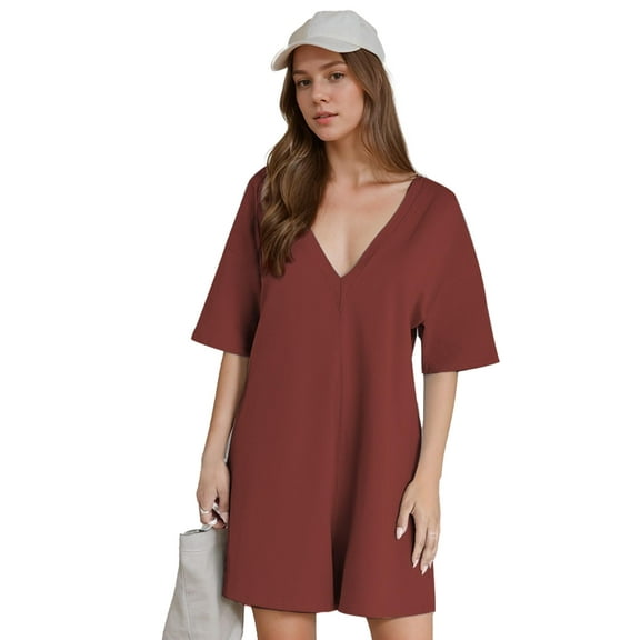 SANOPY Women's Casual Summer T-shirt Romper Oversized Athletic Style Short Sleeve Workout Reversible Romper with Deep Pockets