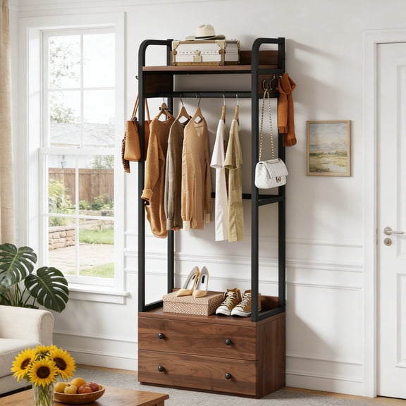 Fnova 74.8" Organizer Rack, Tall Freestanding Storage Rack With 2 Drawers, Shelves, 6 Hooks, Industrial Clothes Rack Coat Rack Hall Tree For Hallway, Entryway, Bedroom, Easy Assembly