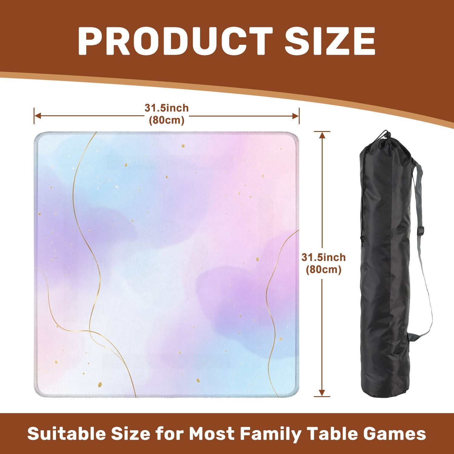 Mahjong Mat 31.5" x 31.5" Violet cyan blue liquid watercolor golden stains Teal mauve purple Non-Slip Noise Reduction American Mahjong Tiles Table Cover for Dominoes Poker Card Board Games Gift