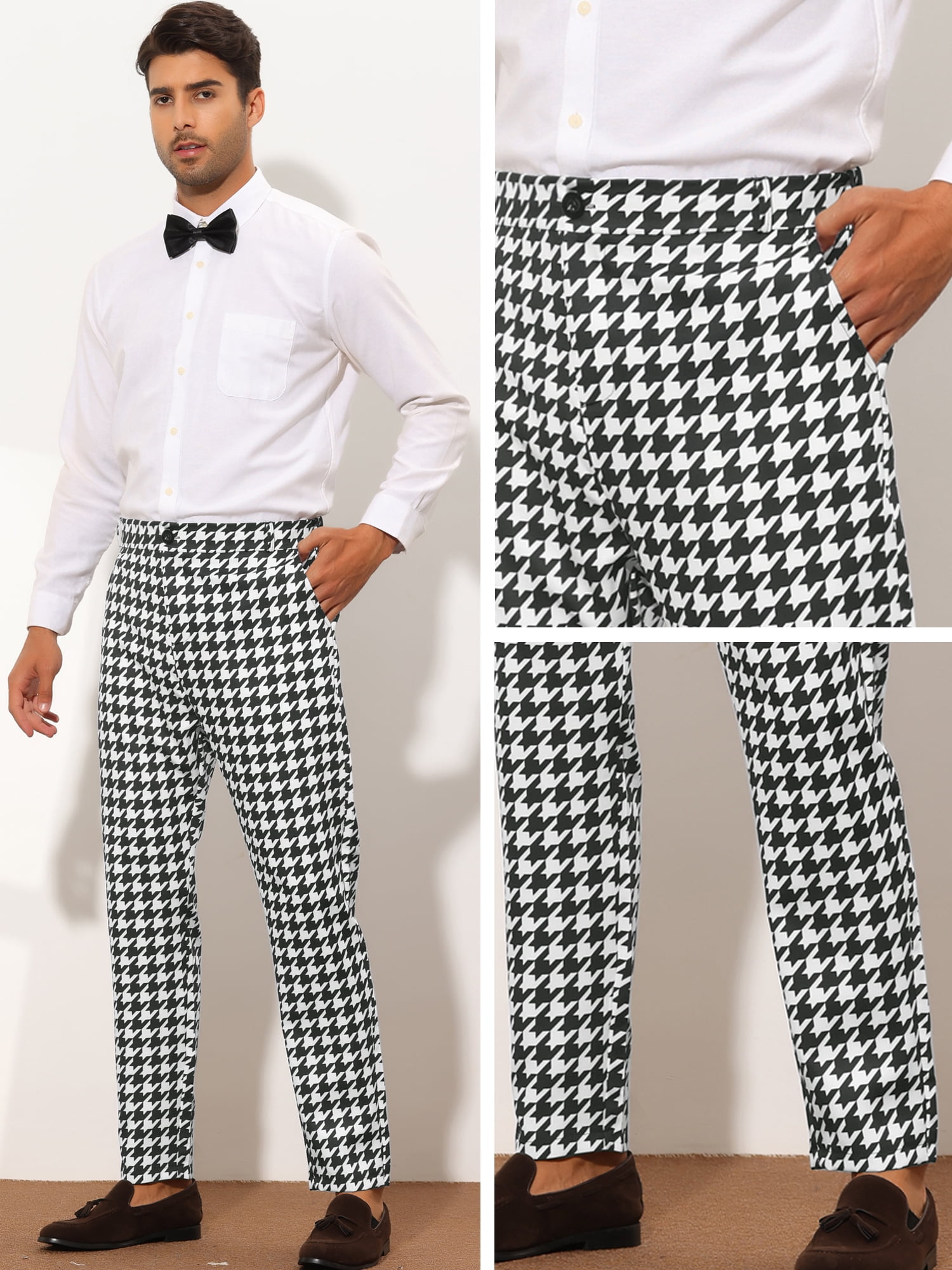 Unique Bargains Men's Houndstooth Dress Pants Big and Tall Business Plaid Trousers 36 Black White