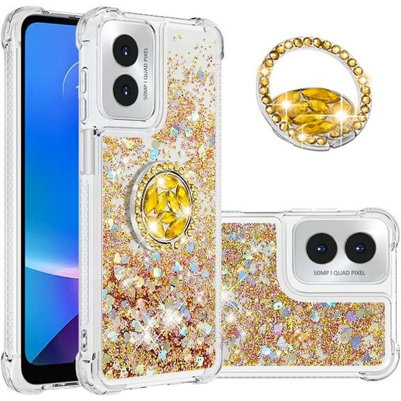Case for Motorola Moto G Play 4G 2024 Case Glitter Liquid with Ring Kickstand Cute Clear Flowing Quicksand Soft TPU Protective Grils Women Bling Case for Moto G Play 4G 2024 Gold YBR