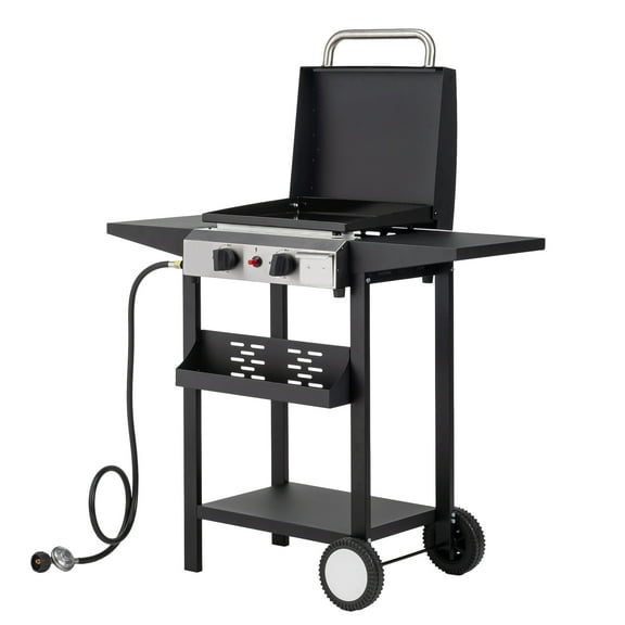 UBesGoo 20,000 BTU 2-Burner Propane Griddle - Ceramic Coated Cast Iron with Lid, Side Shelves & Wheels