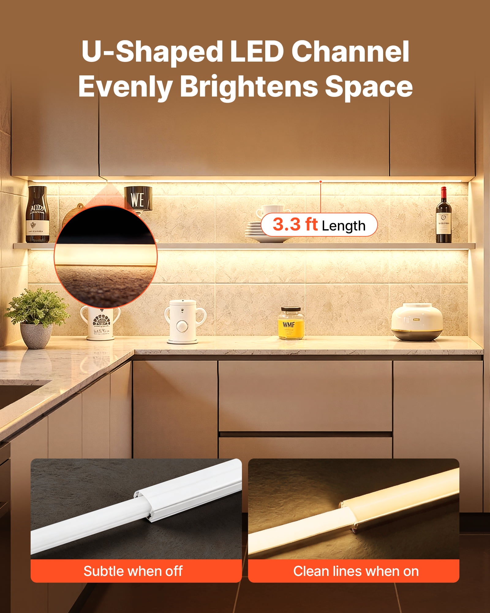 VEVOR 20-Pack 3.3 ft/1M U Shape LED Aluminum Channel, with Milky Cover, End Caps and Mounting Clips, Aluminum Profile for LED Strip Light Installations, Easy Installation, for Under Cabinet Counter