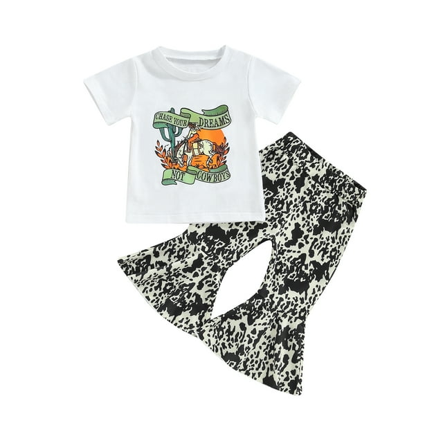 Mialoley Toddler Girls Summer Outfit Sets Short Sleeve Cactus Print Tops + Leopard Print Flared Pants