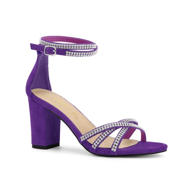 BLISSFUL STEP Women's Shoes Rhinestone Crisscross Strappy Block Heel Faux Suede Ankle Buckle Sandals Purple 11