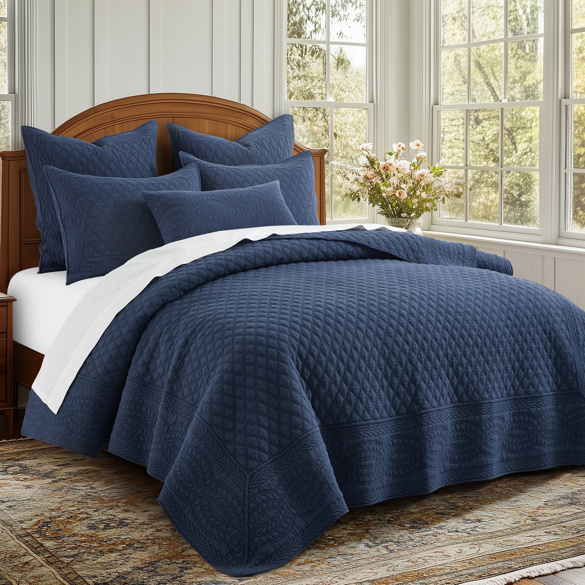 Levtex Home - Ballou Quilt Set - Full/Queen Quilt and Two Standard Shams - Bordered - Navy - Quilt (88x92in.) and Shams (20x26in.) - Reversible - Cotton
